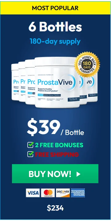 ProstaVive 6 jar best value package, 180-day supply at $39 per jar with 2 free bonuses