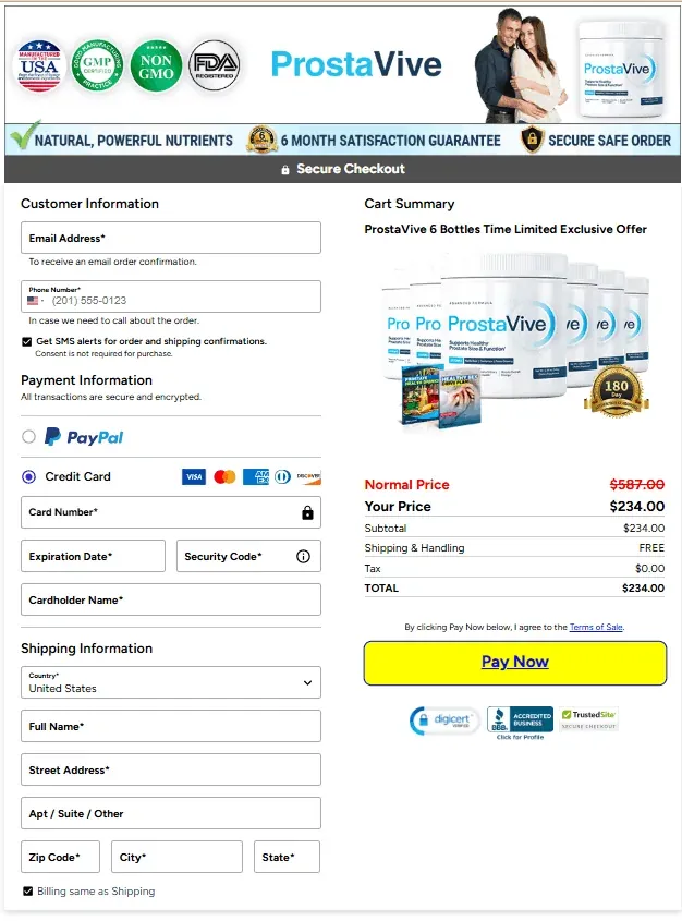 ProstaVive secure checkout page showing a 6 jar order summary and total