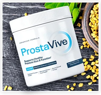 ProstaVive powder jar on a rustic table beside fenugreek seeds
