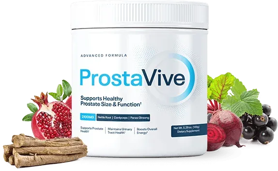 ProstaVive powder jar with ginseng root, beet and pomegranate